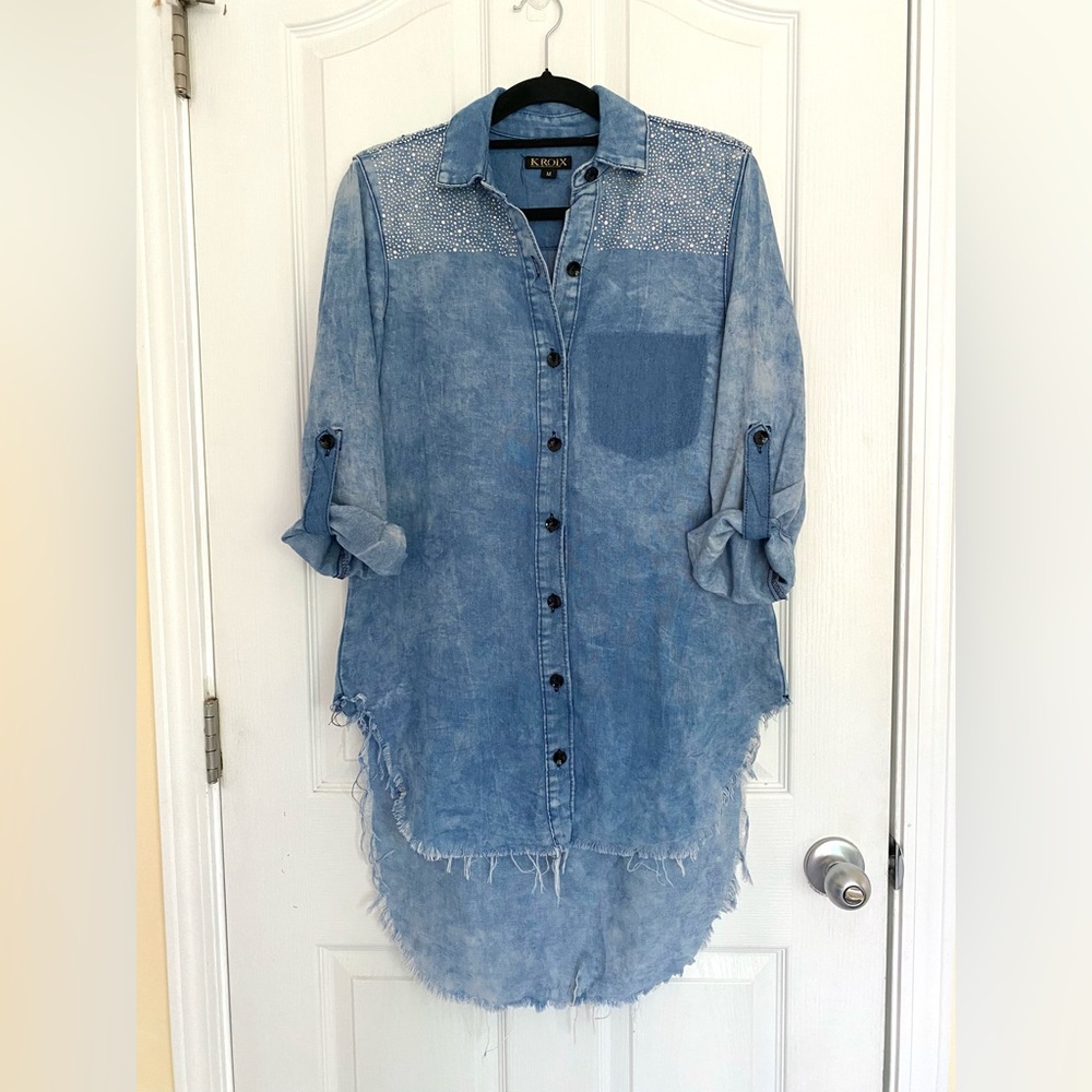 KROIX Cotton Rhinestones Details Raw Hem Hi Lo Denim Button-Up Shirt Dress Sz M - Picture 3 of 17